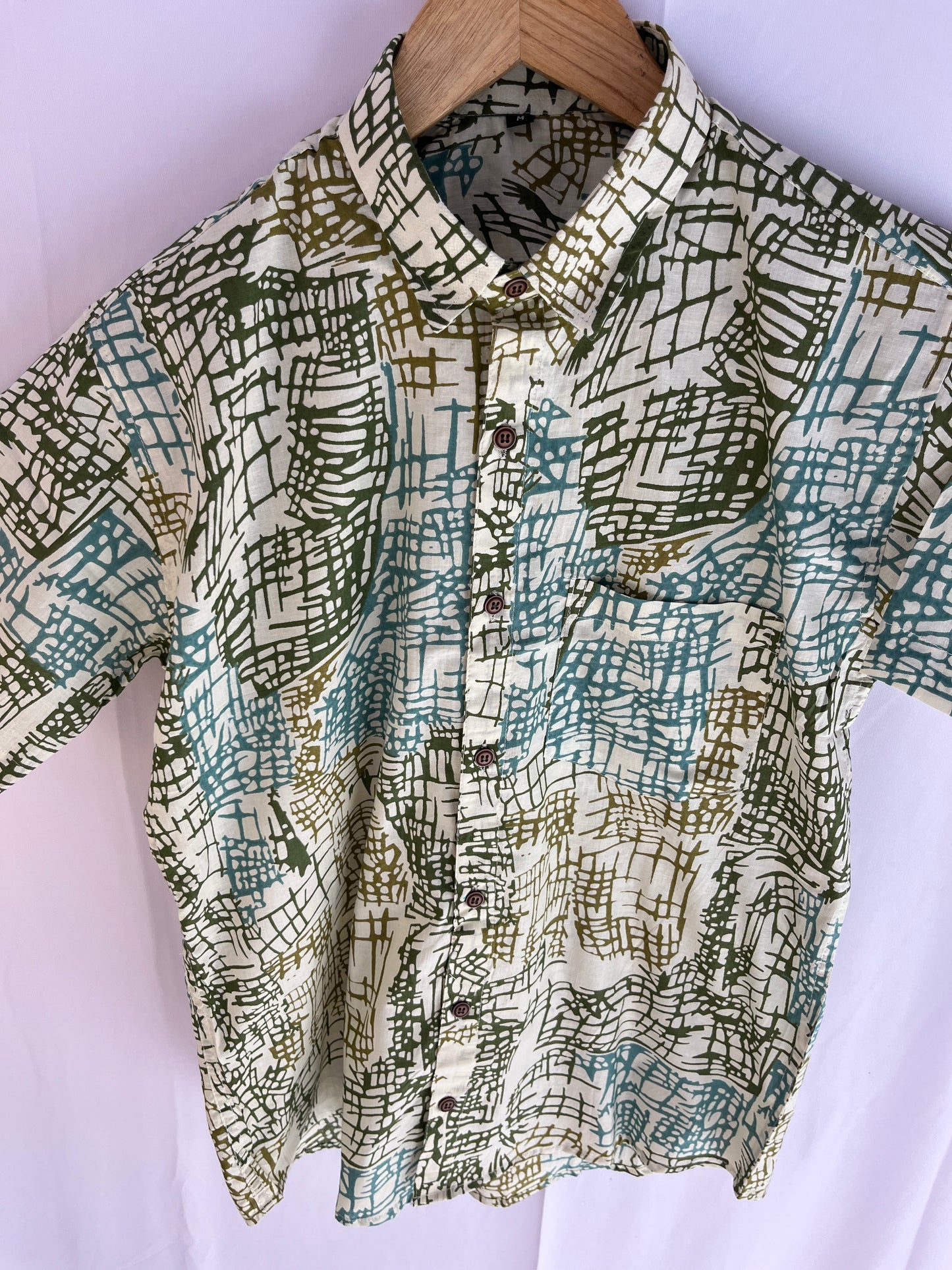 White And Green Printed Cotton Shirt