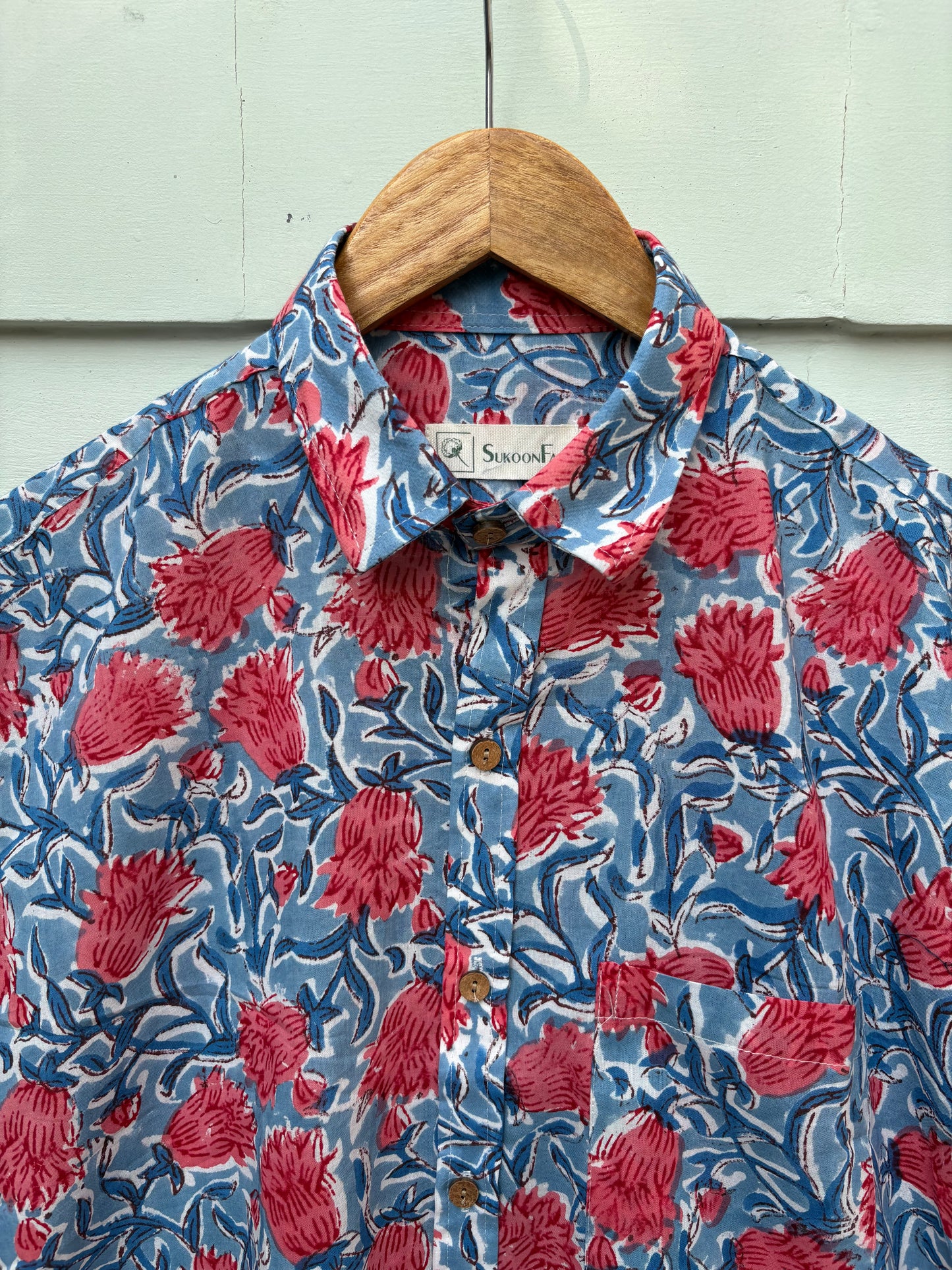 Blue & Red Floral Hand Block Printed Cotton Shirt