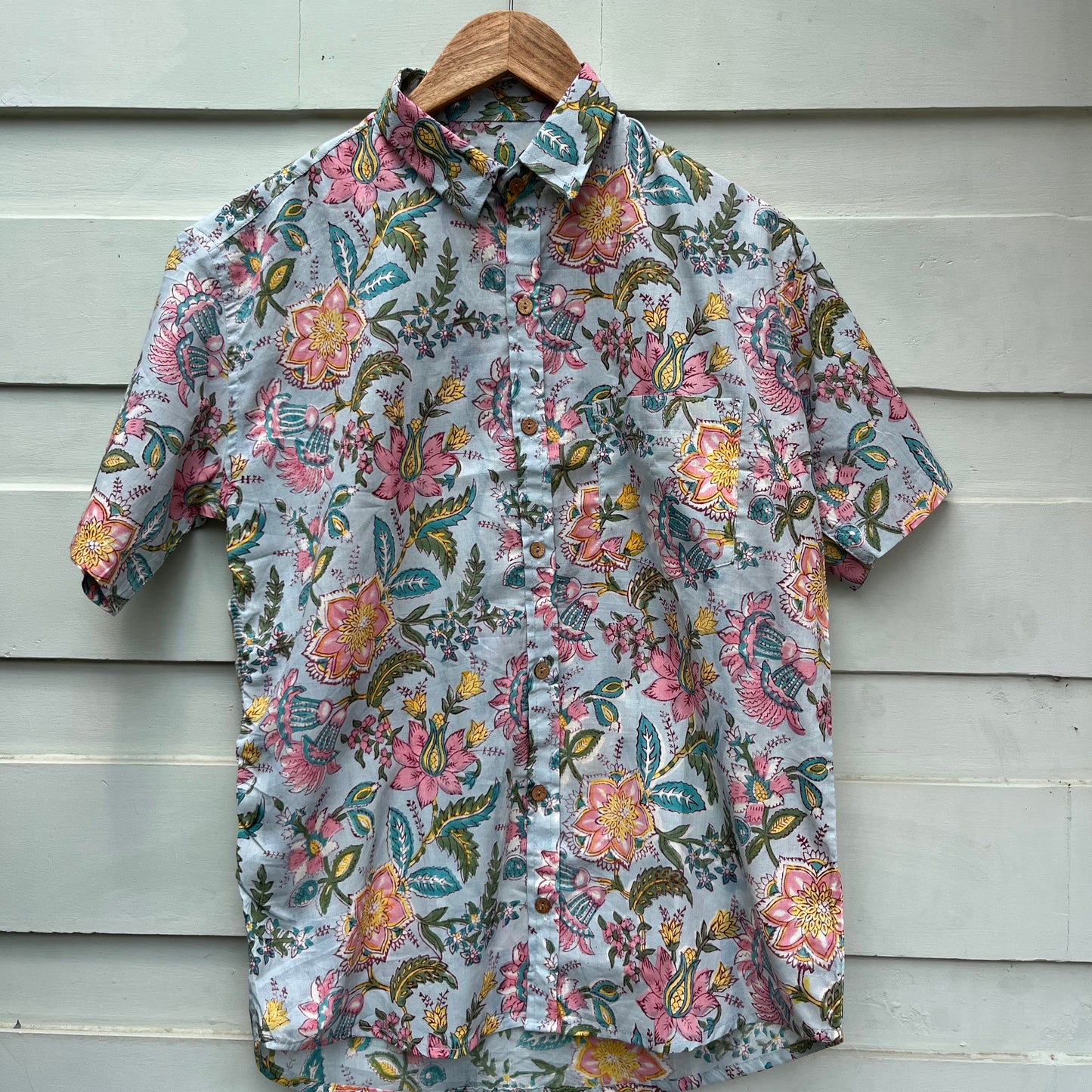 Blue Pastel Floral Hand Block Printed Cotton Shirt