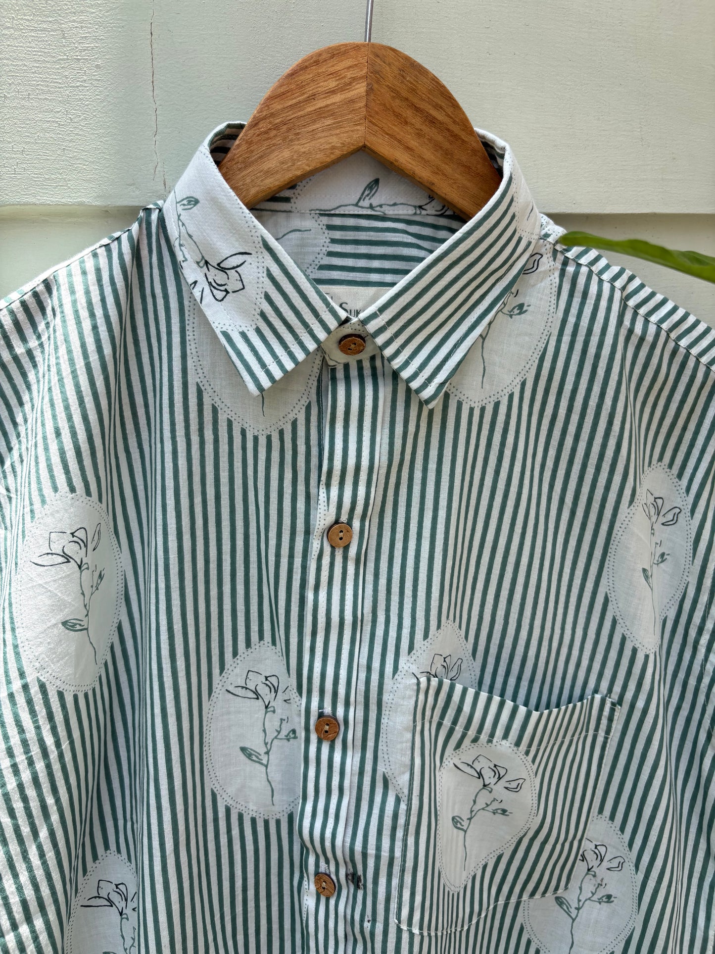 Sage Stripe & Botanical Medallion Block-Print Shirt