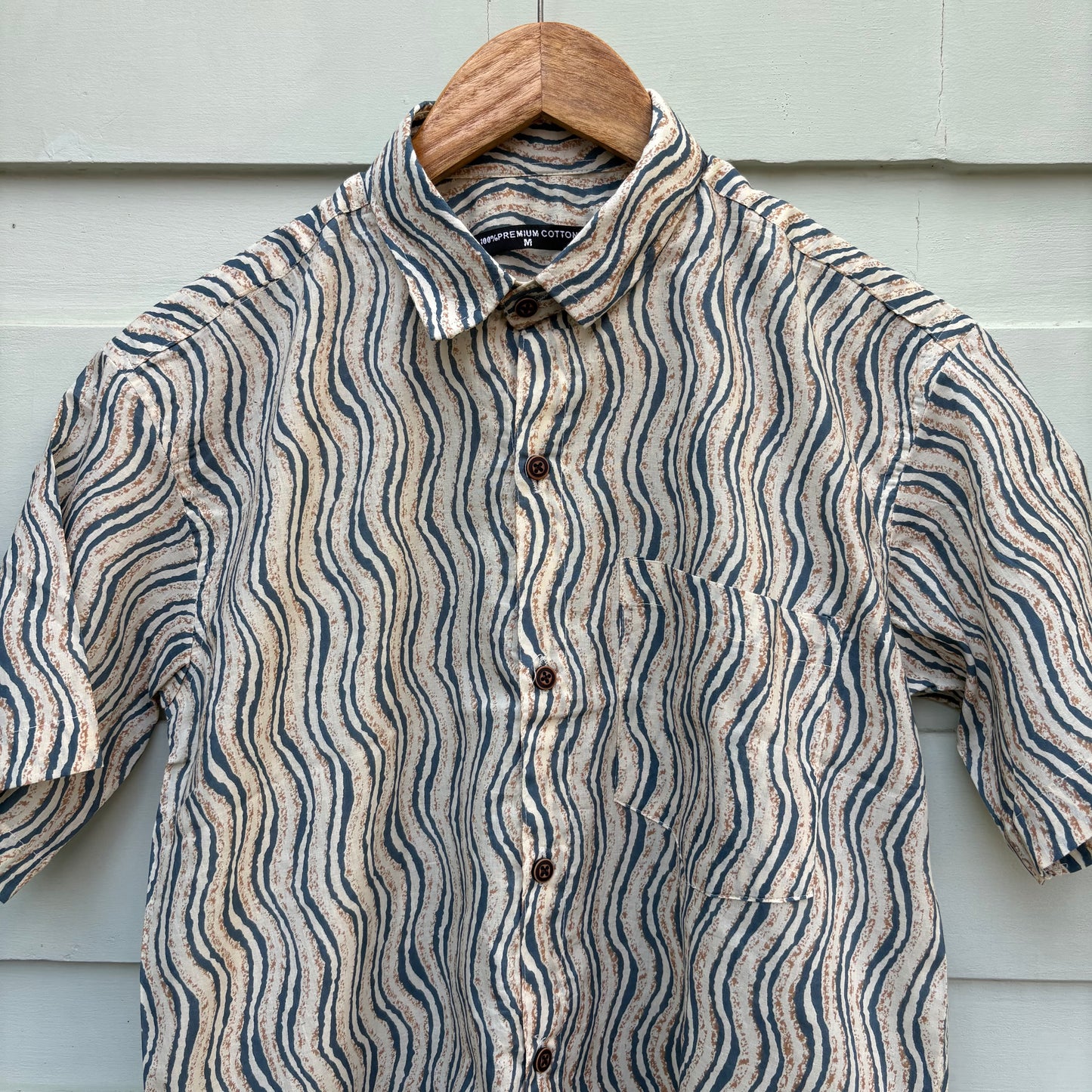 Blue & Beige Wavy Stripe Printed Cotton Shirt