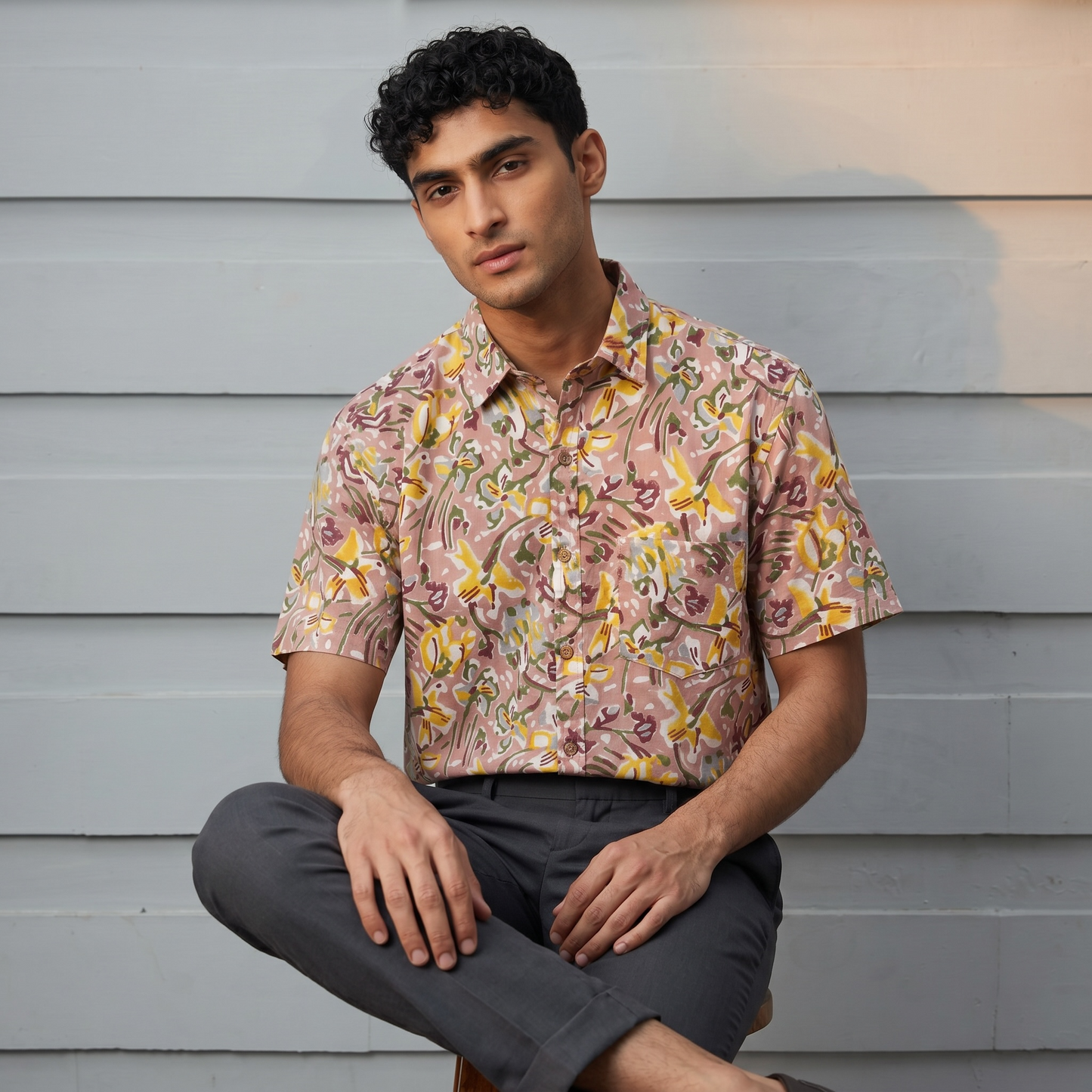 Dusty Rose Hand Block Printed Cotton Shirt