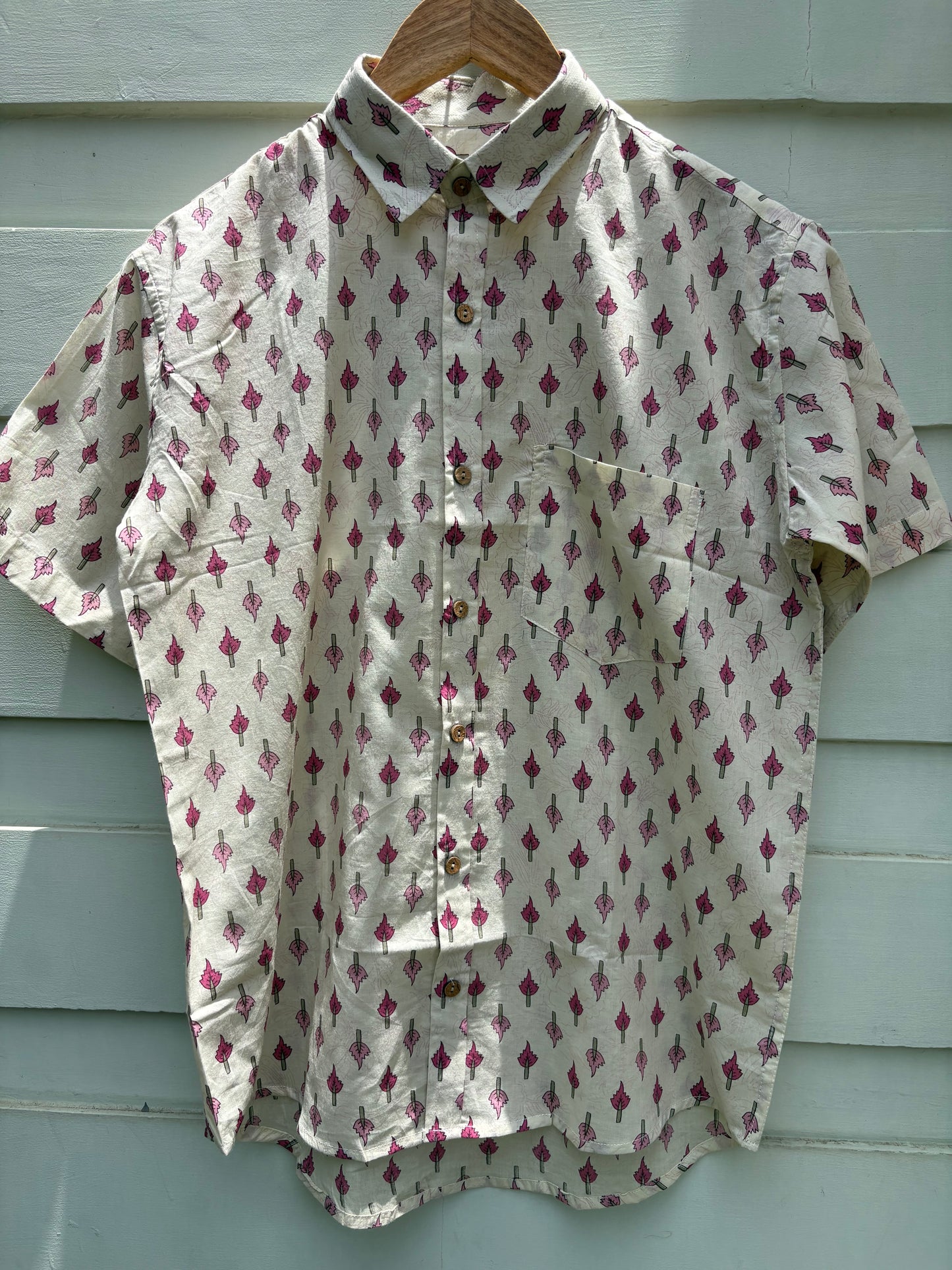 Classic Crimson Leaf Block-Print Casual Shirt
