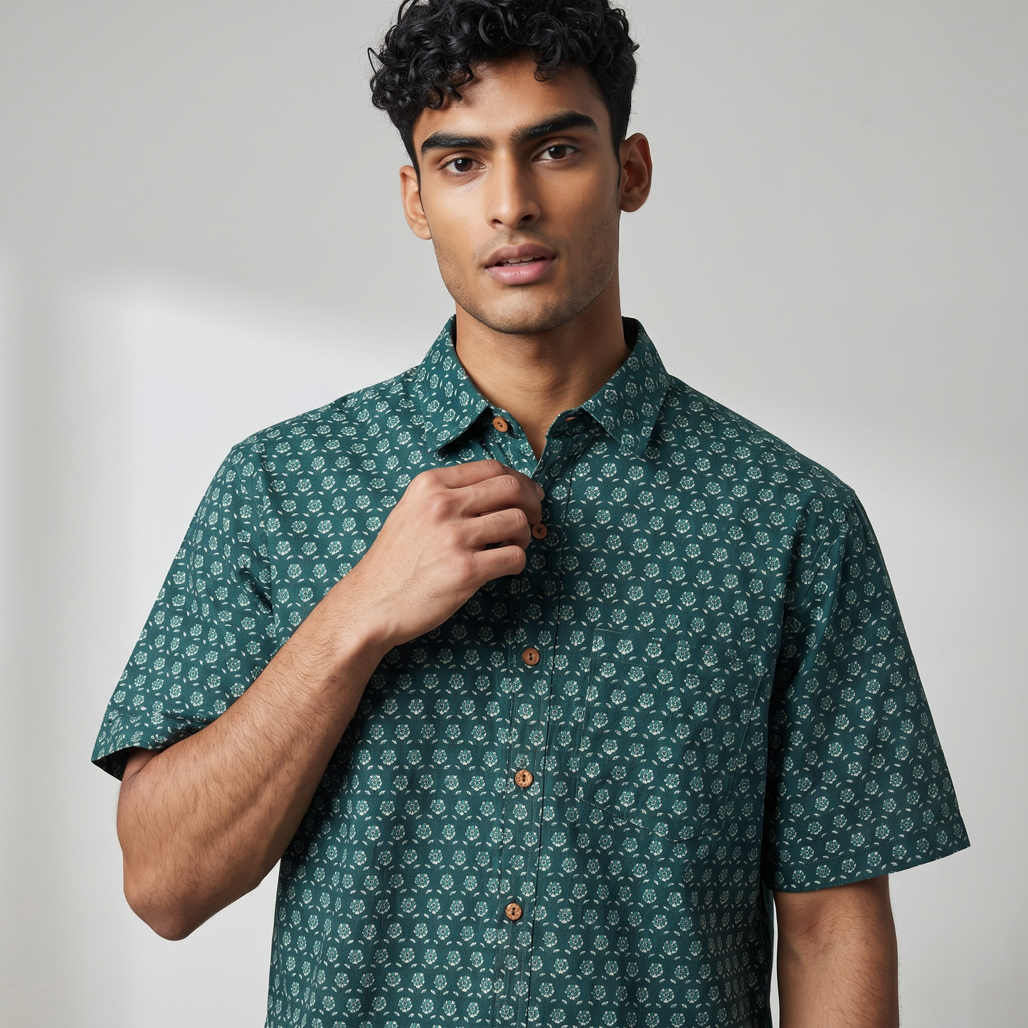 Bottle Green Sanganeri Printed Cotton Shirt