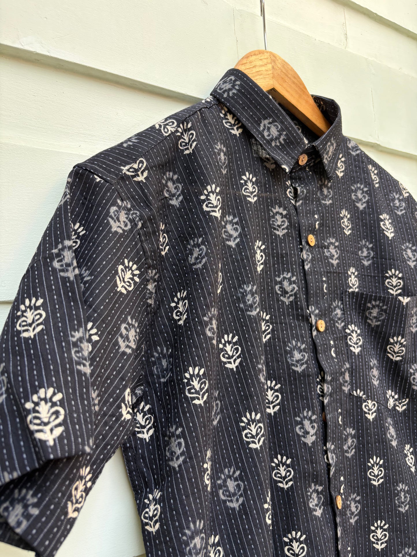 Black Floral Katha Printed Cotton Shirt