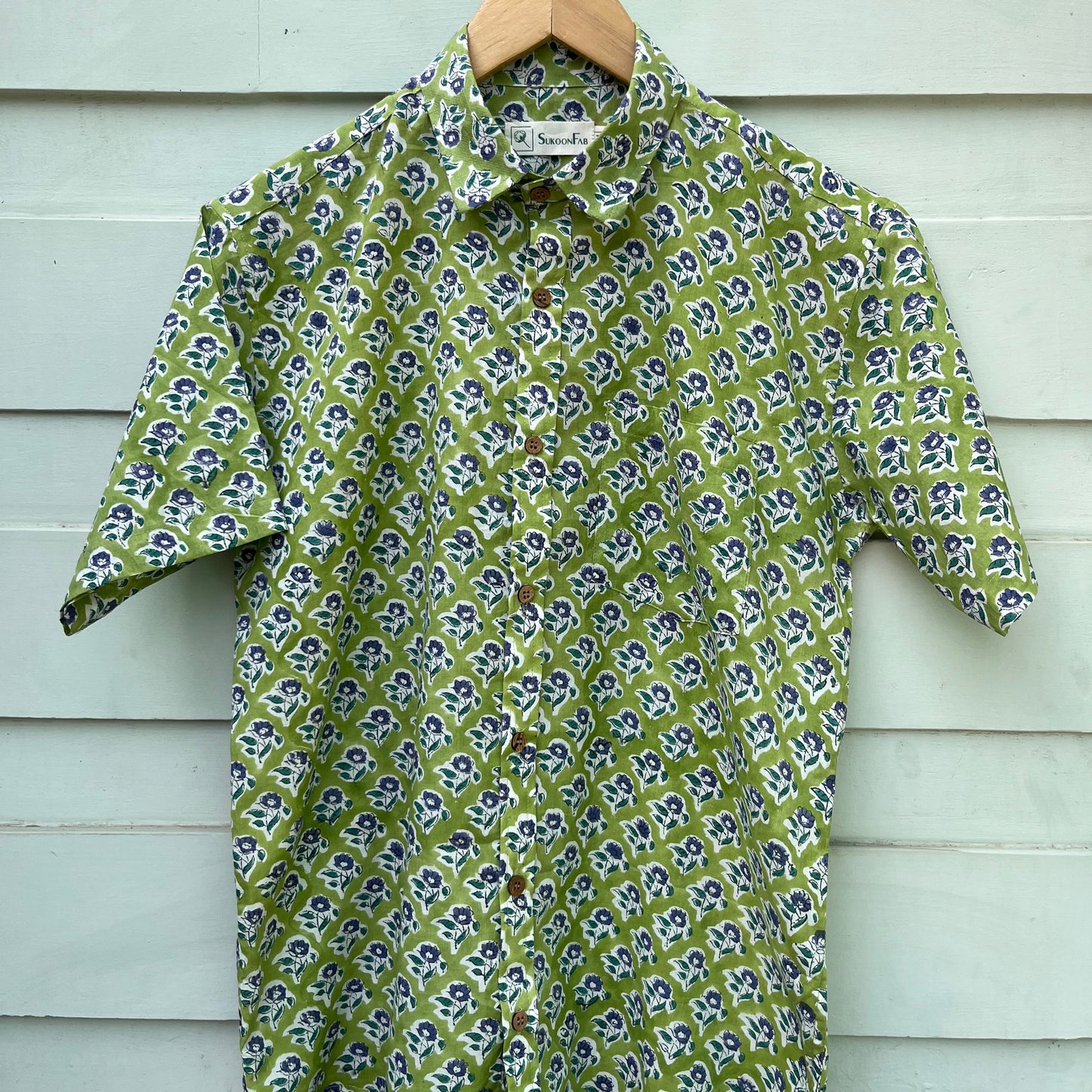 Green Floral Hand Block Printed Cotton Shirt
