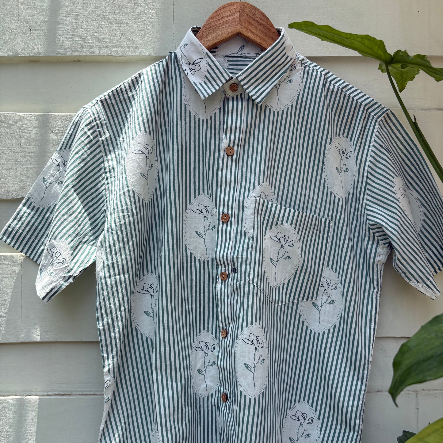 Sage Stripe & Botanical Medallion Block-Print Shirt