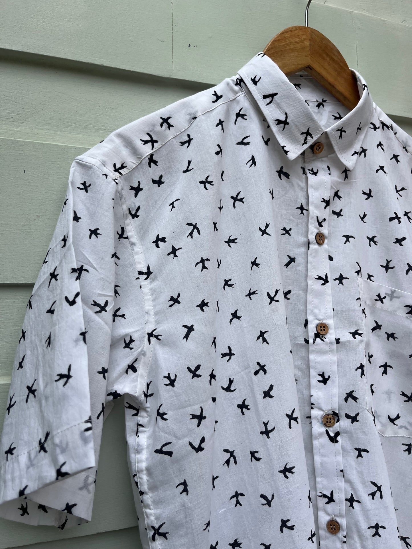 Black and White Bird Printed Cotton Shirt
