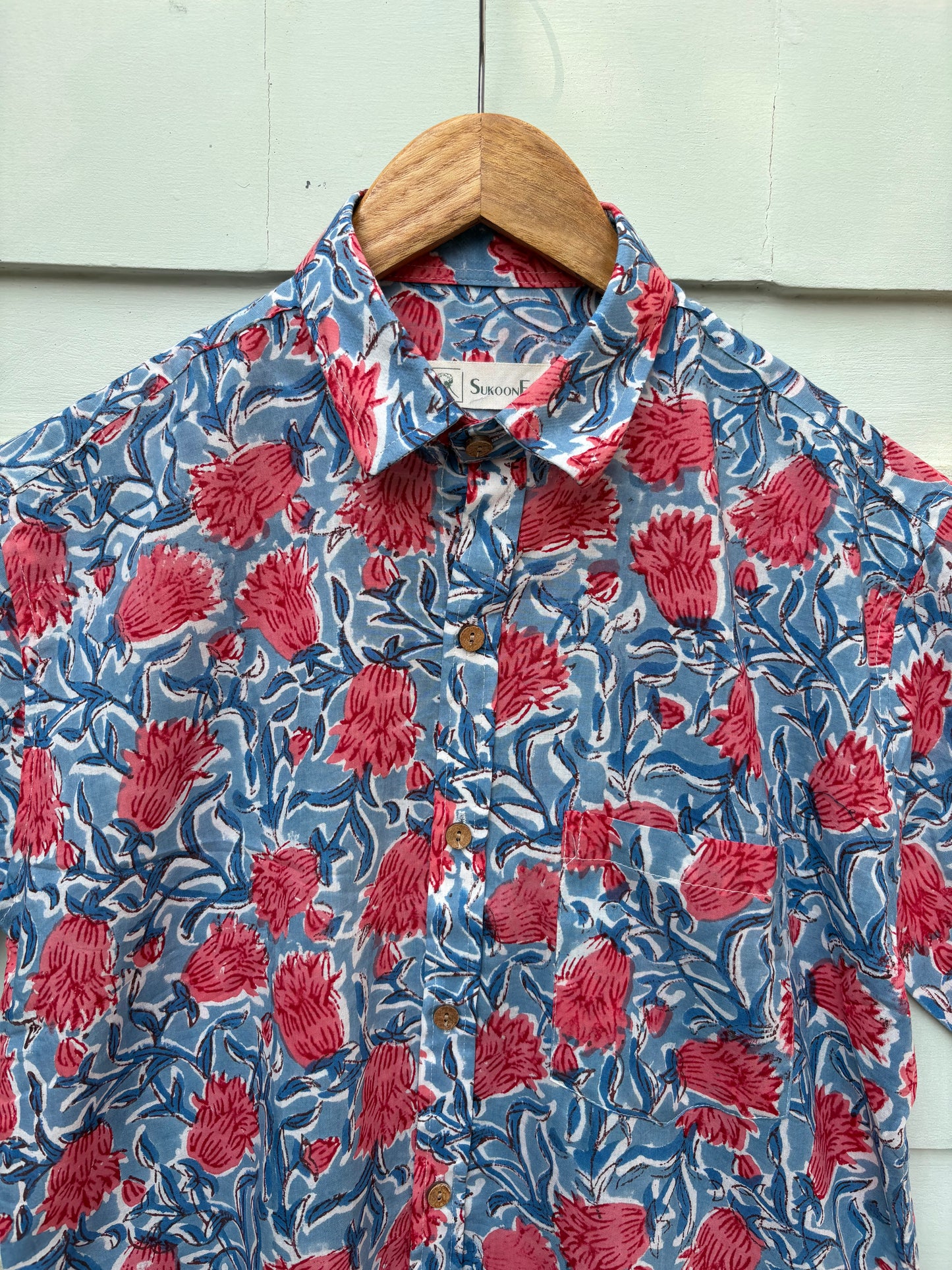 Blue & Red Floral Hand Block Printed Cotton Shirt