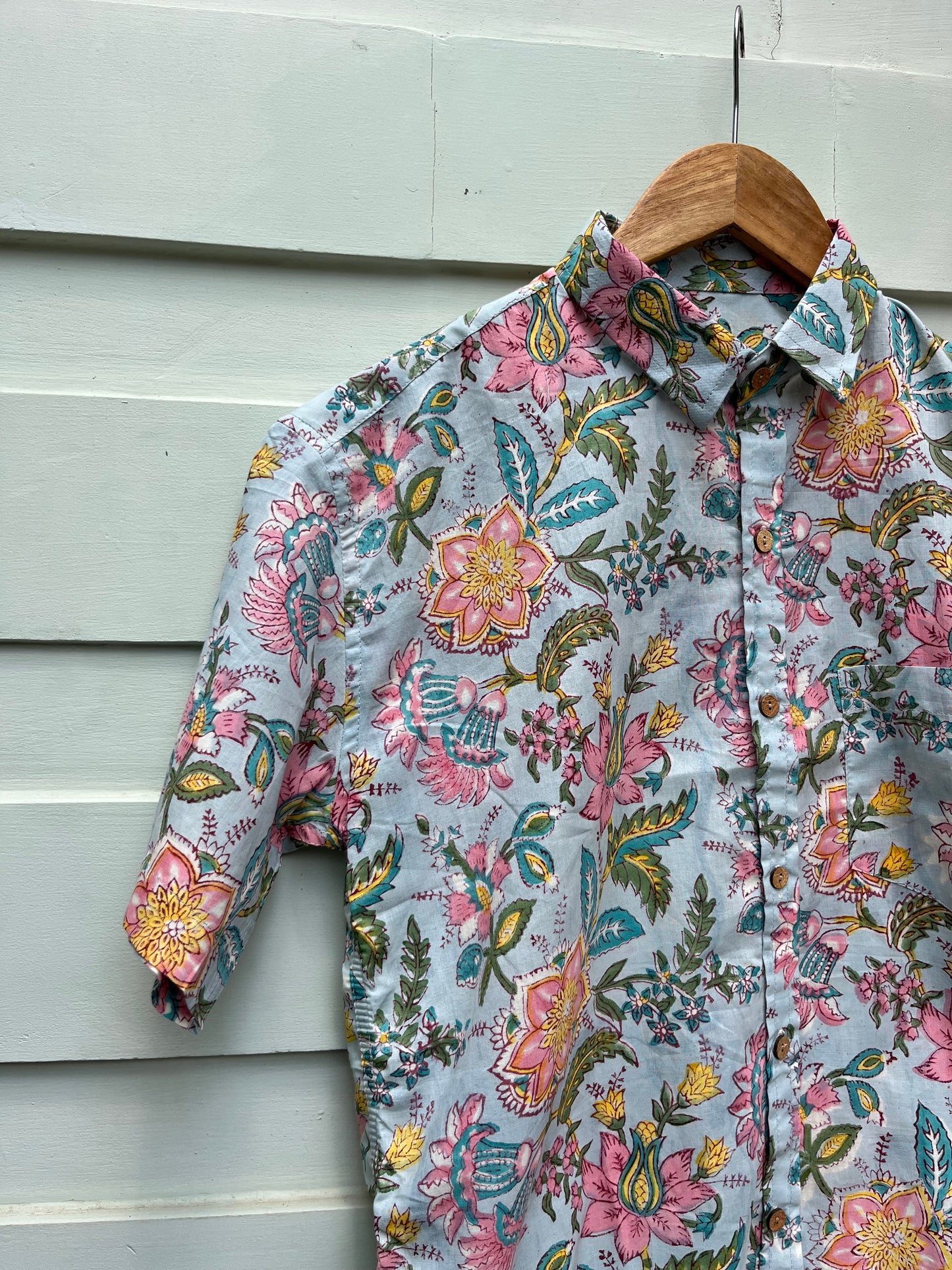 Blue Pastel Floral Hand Block Printed Cotton Shirt