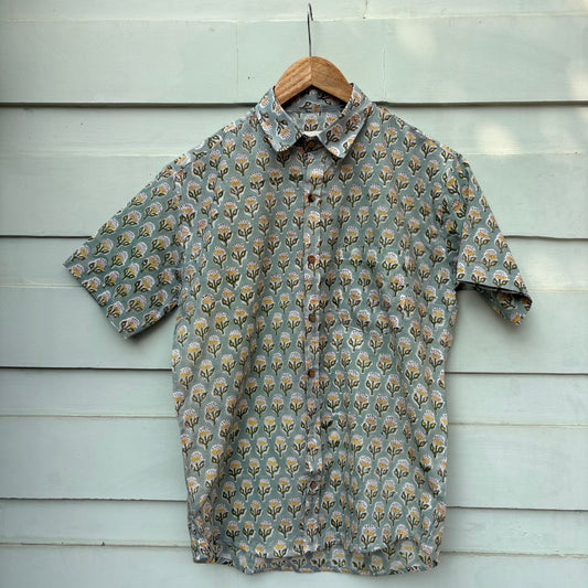 Green Floral Hand Block Printed Cotton Shirt
