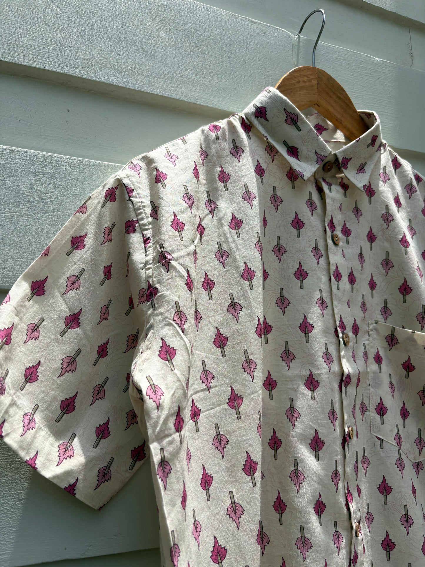 Classic Crimson Leaf Block-Print Casual Shirt