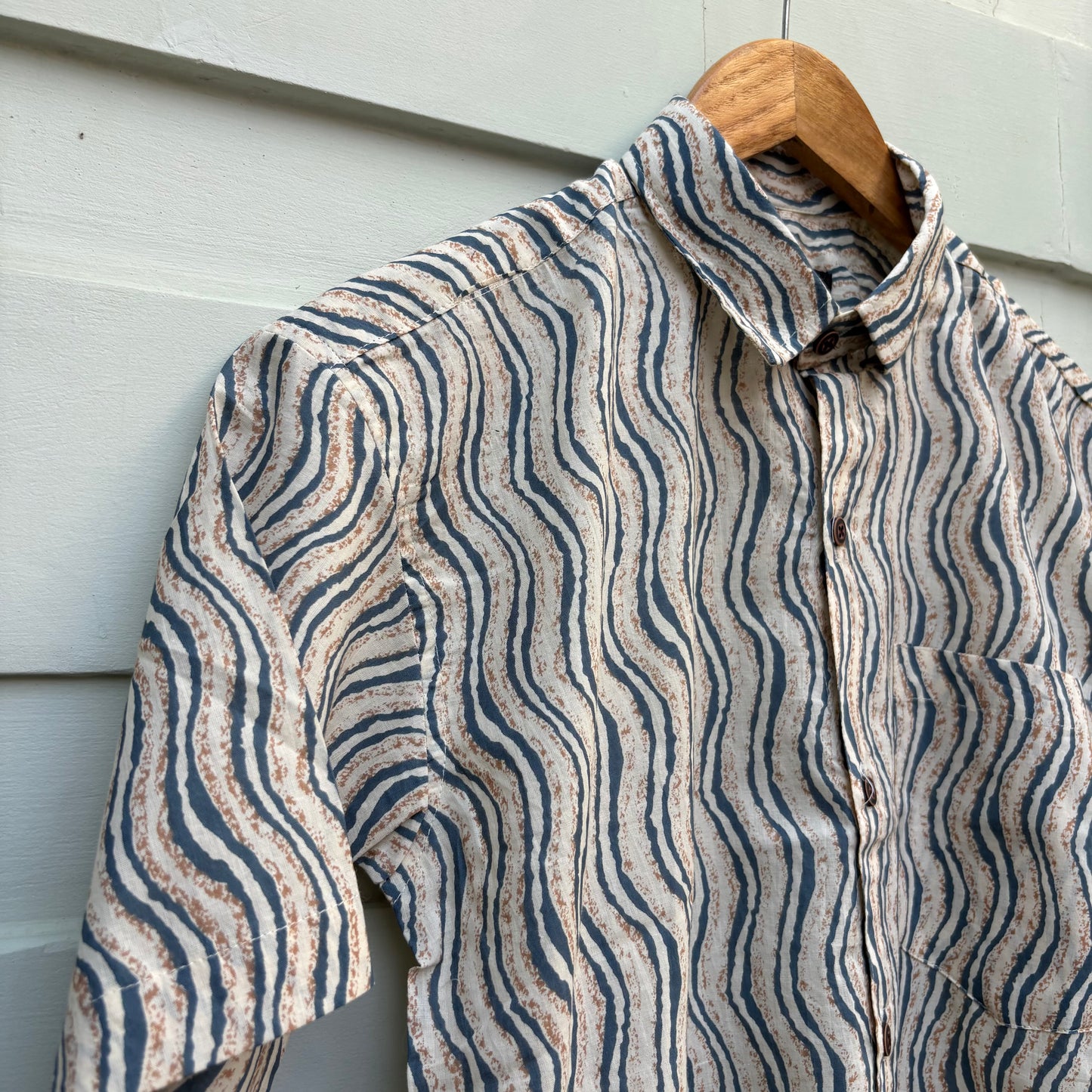 Blue & Beige Wavy Stripe Printed Cotton Shirt