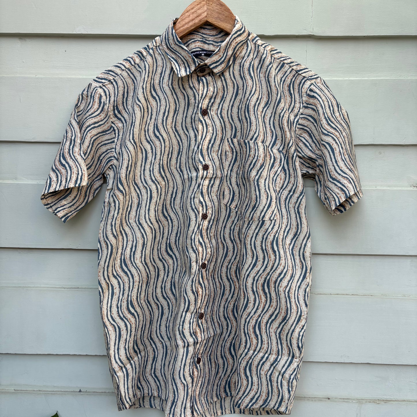 Blue & Beige Wavy Stripe Printed Cotton Shirt