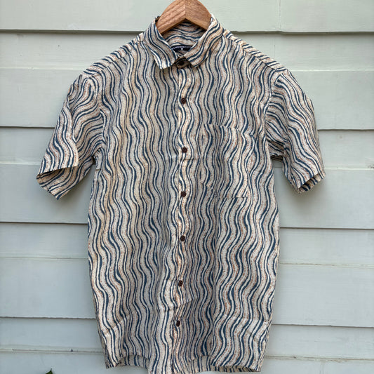 Blue & Beige Wavy Stripe Printed Cotton Shirt