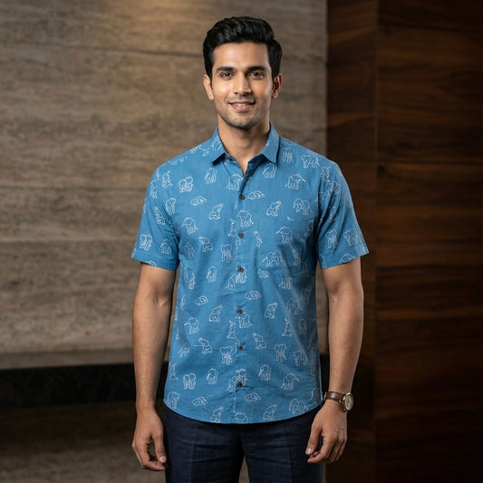 Blue Elephant Printed Cotton Shirt
