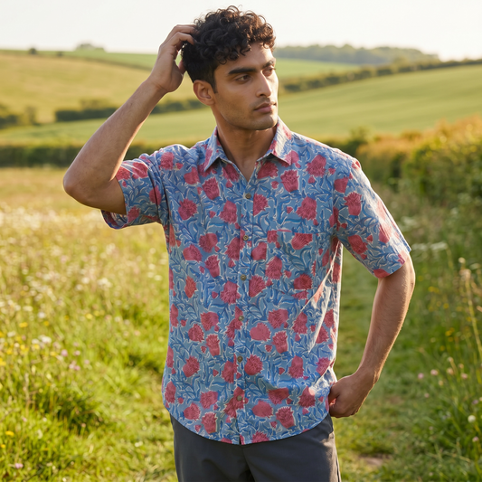 Blue & Red Floral Hand Block Printed Cotton Shirt