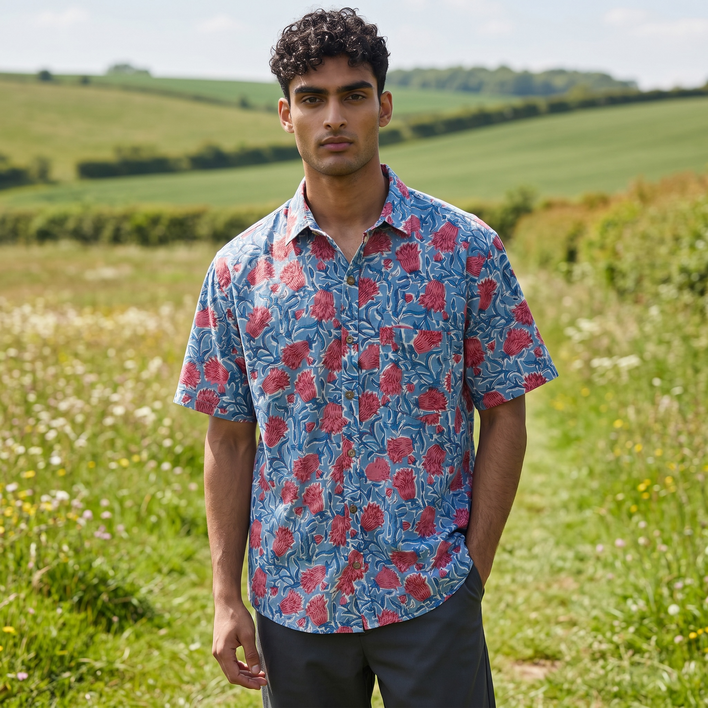 Blue & Red Floral Hand Block Printed Cotton Shirt