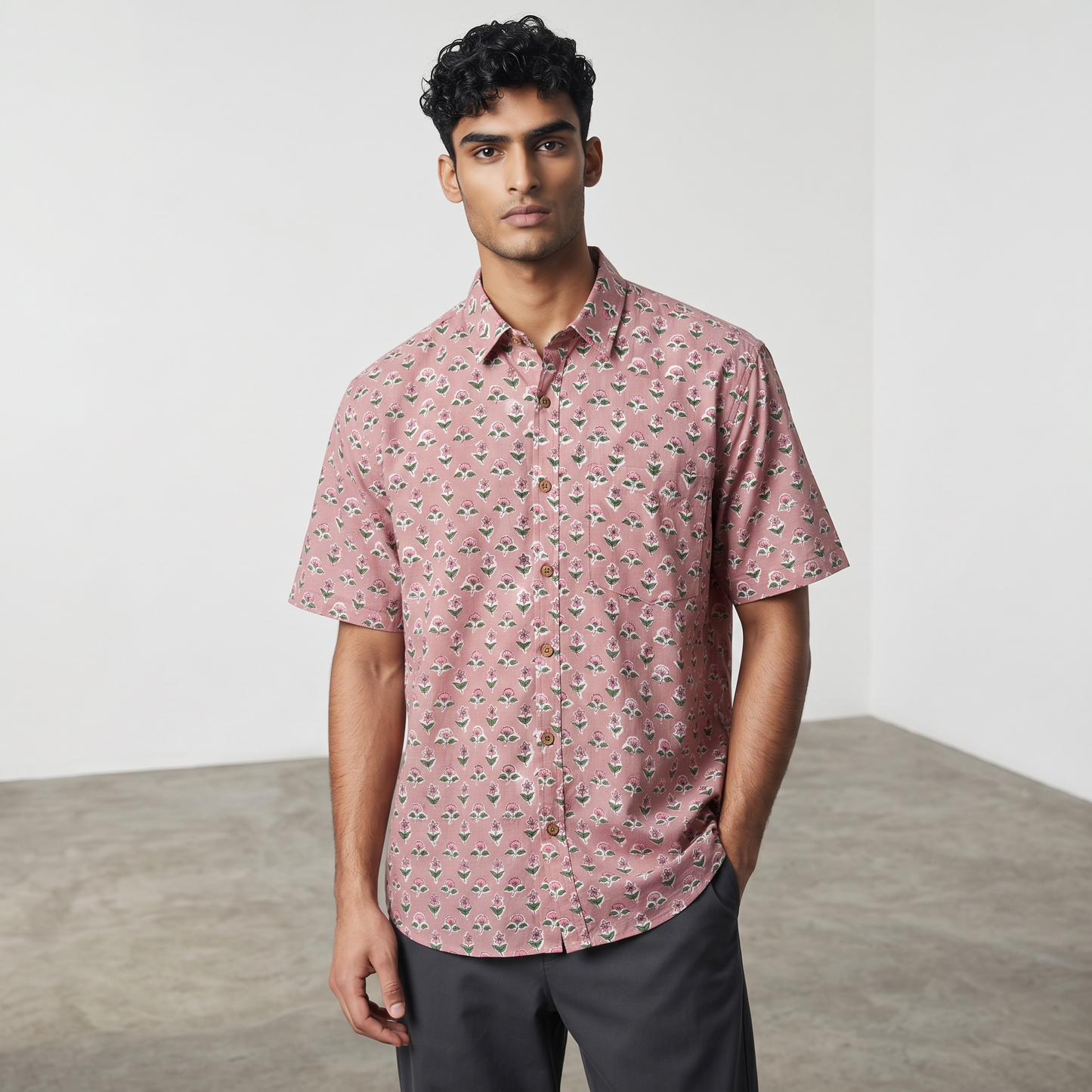 Lavender Pink Floral Block Printed Cotton Shirt