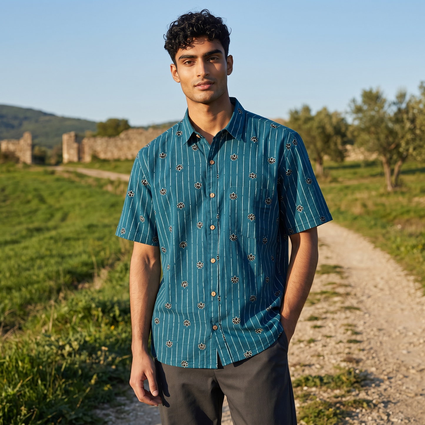Blue Ajrak Printed Cotton Shirt