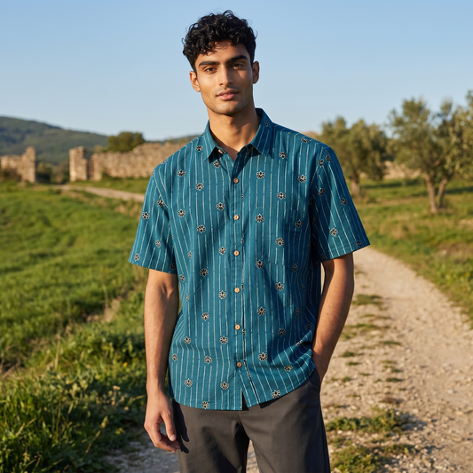 Blue Ajrak Printed Cotton Shirt
