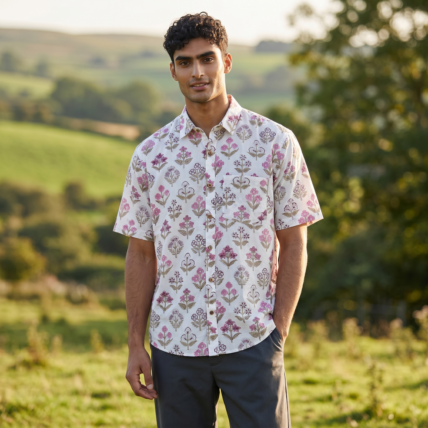 Cool White Floral Hand Block Printed Cotton Shirt