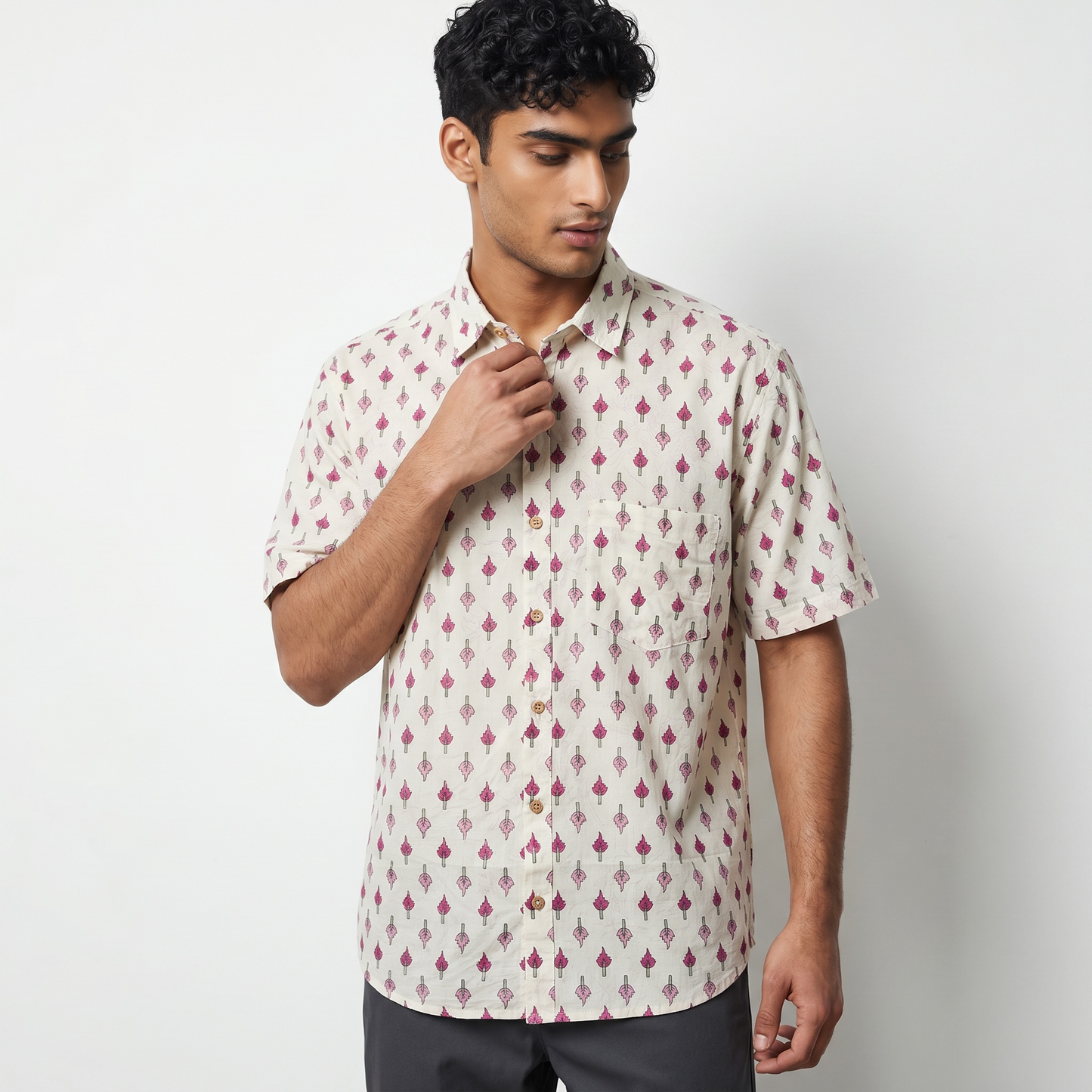 Classic Crimson Leaf Block-Print Casual Shirt