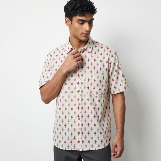 Classic Crimson Leaf Block-Print Casual Shirt
