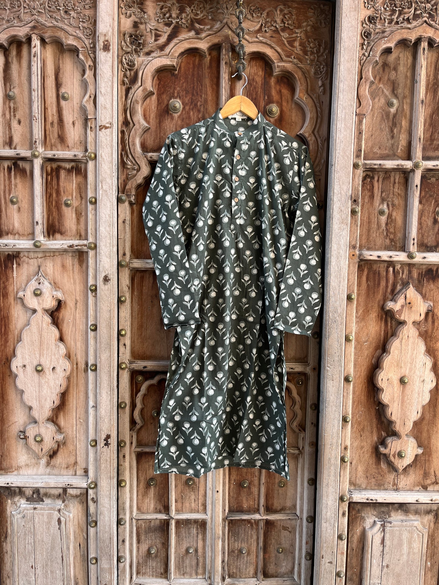 Rifle Green Sanganeri Printed Men's Long Kurta