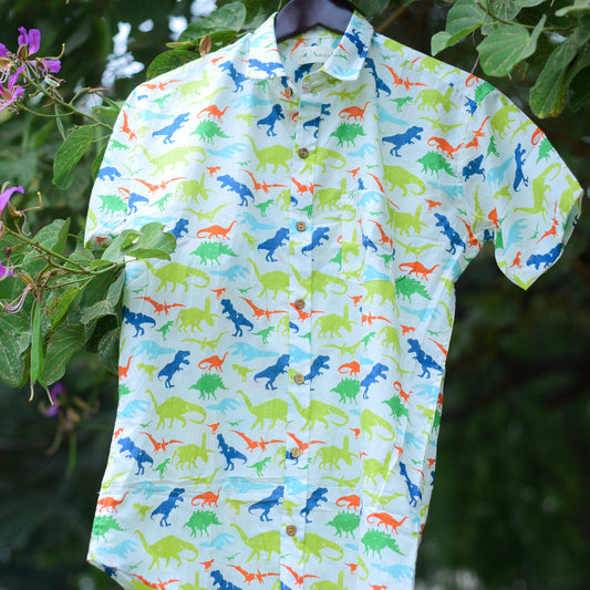 Pastel Grey Dinosaur Printed Cotton Shirt