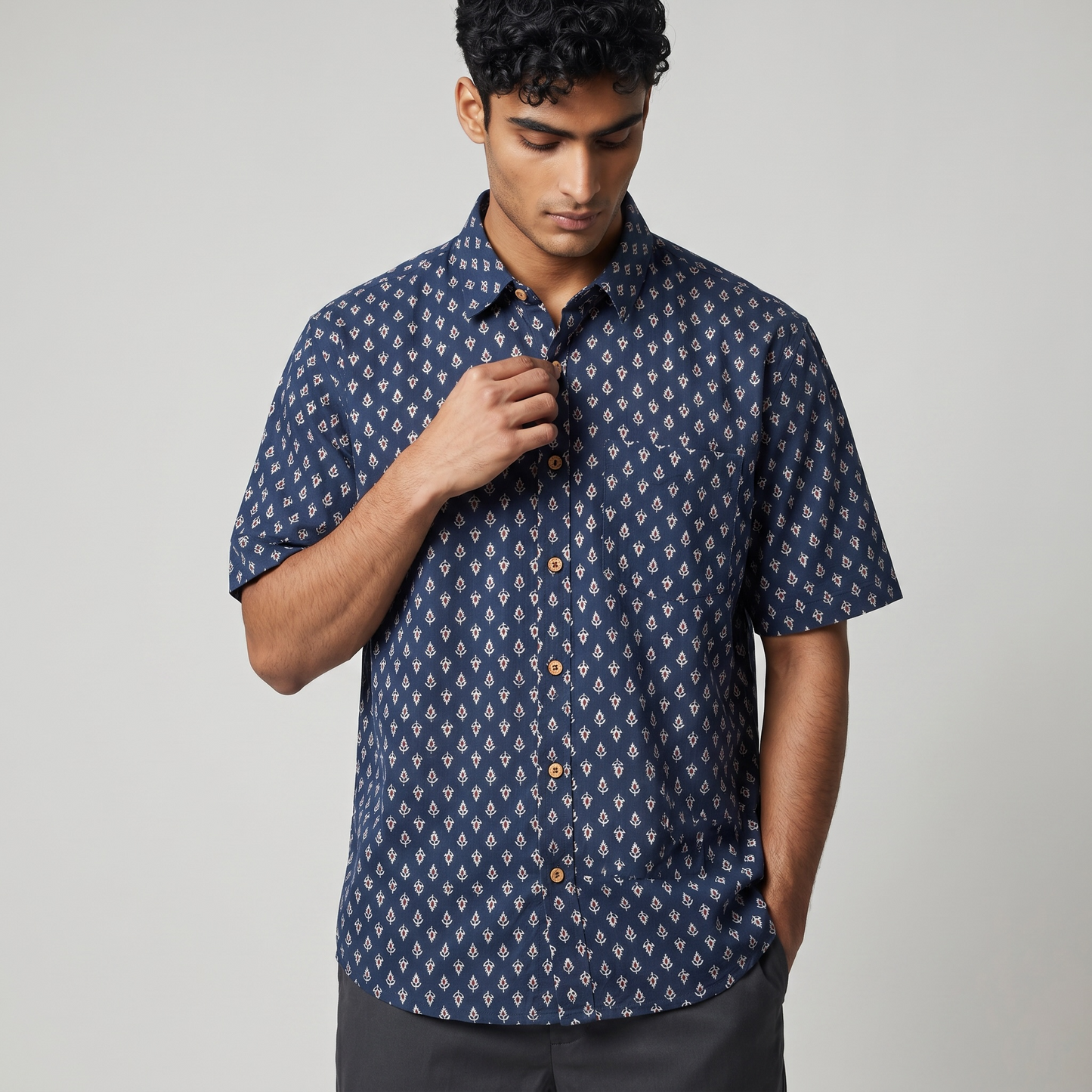 Blue Floral Printed Cotton Shirt