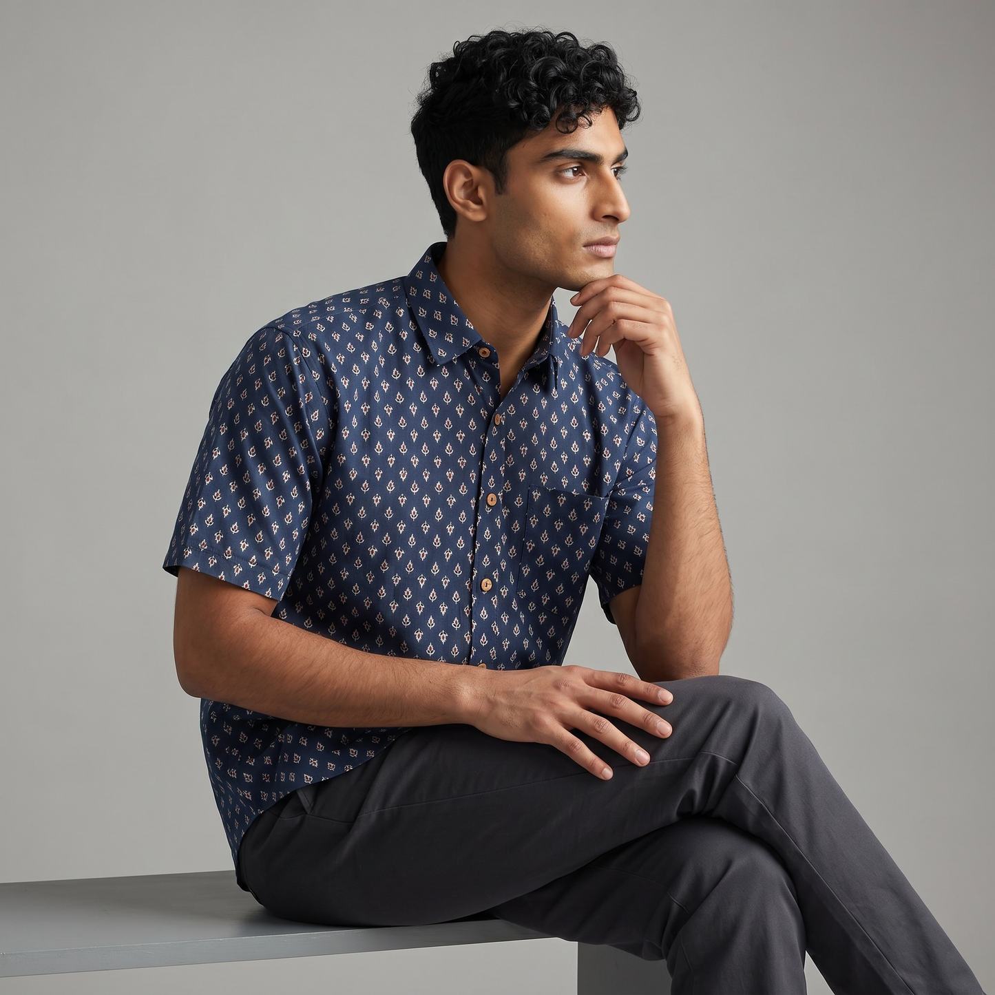 Blue Floral Printed Cotton Shirt