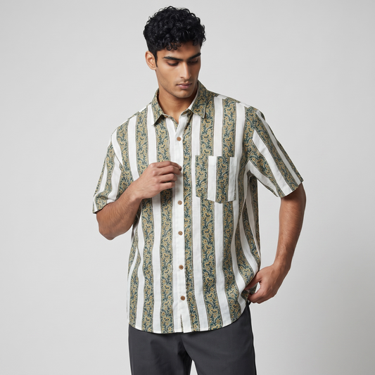 White Stripes Hand Block Printed Cotton Shirt