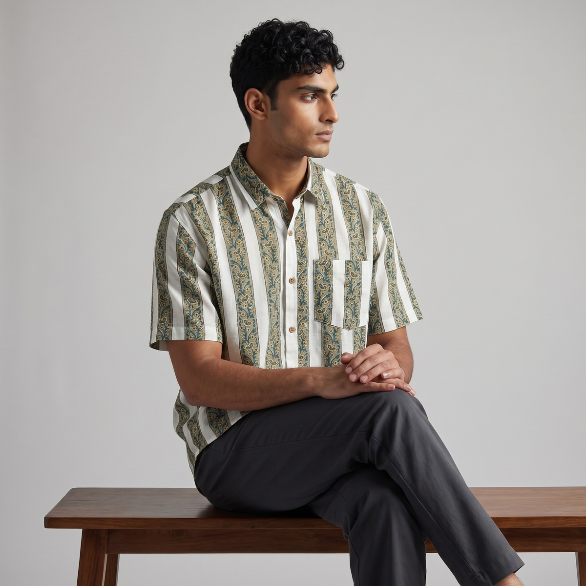 White Stripes Hand Block Printed Cotton Shirt