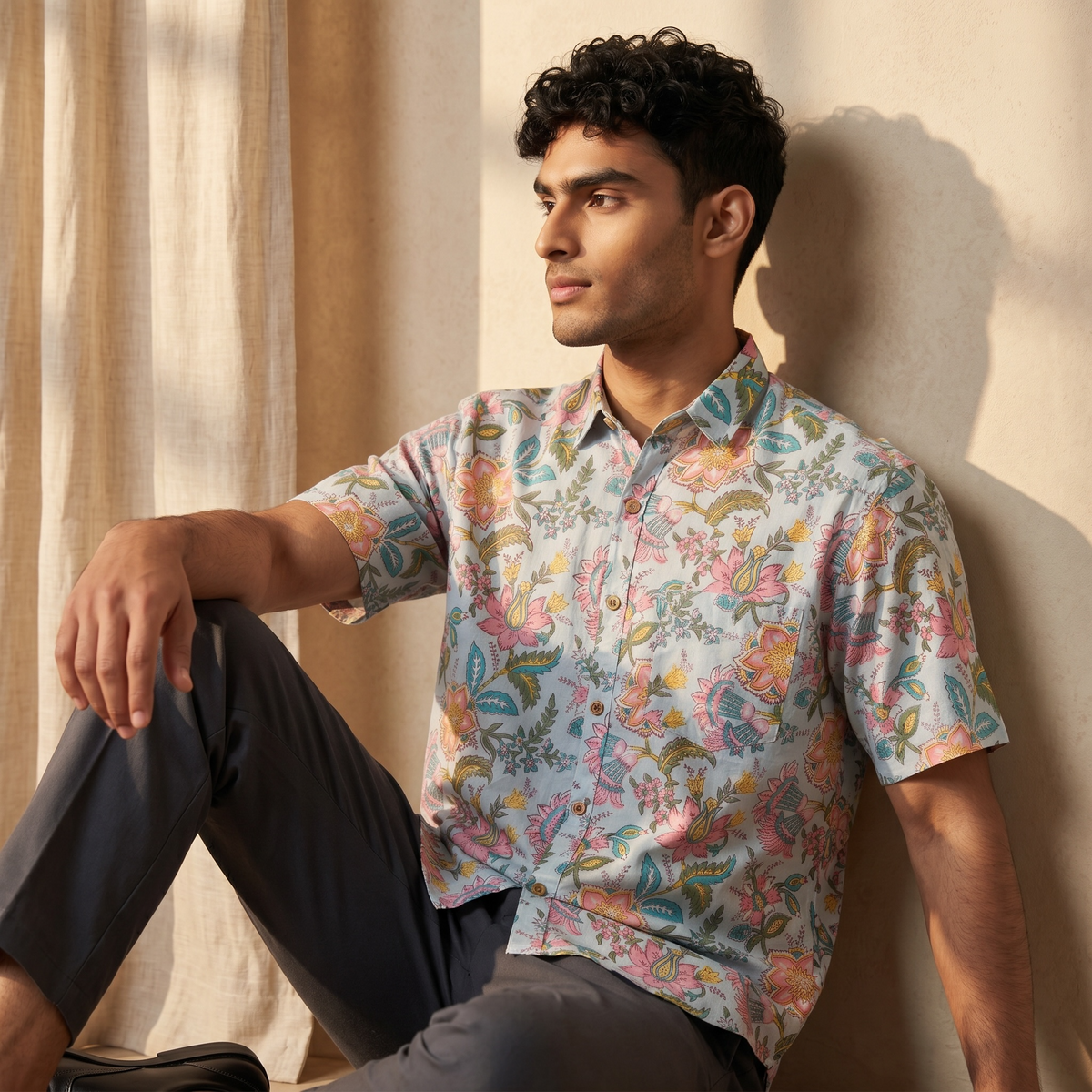 Blue Pastel Floral Hand Block Printed Cotton Shirt