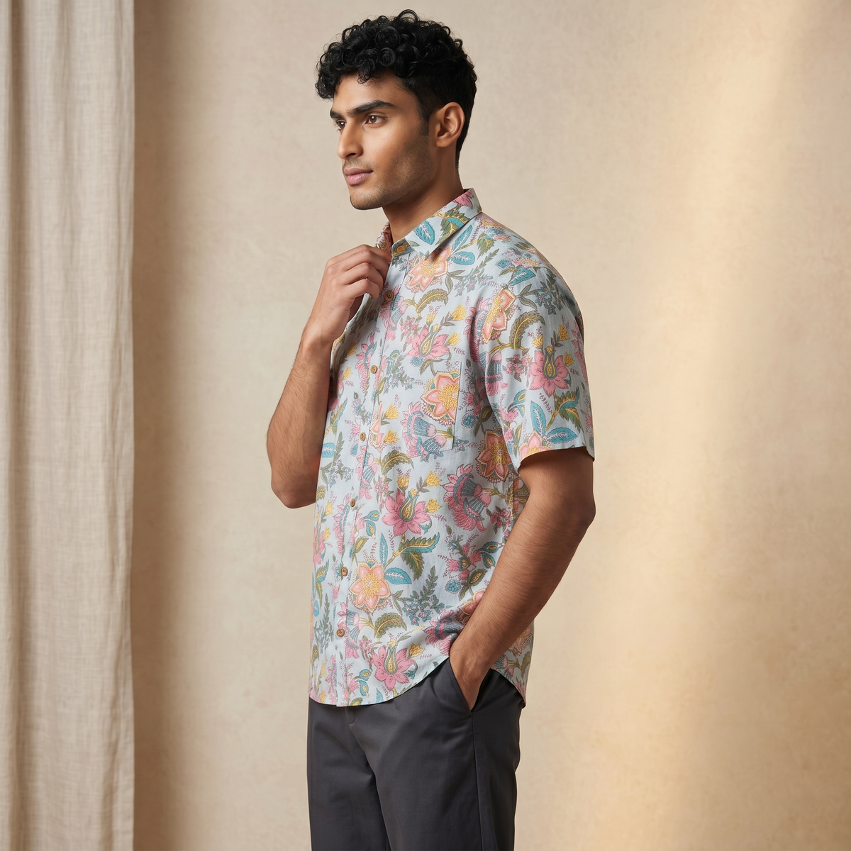 Blue Pastel Floral Hand Block Printed Cotton Shirt