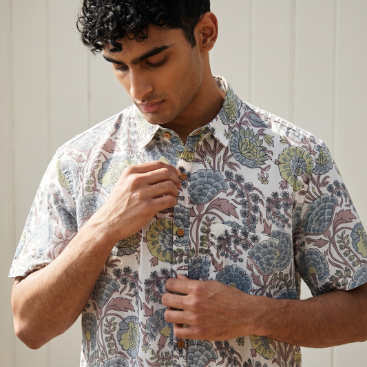 Ivory Slate Floral Hand Block Printed Shirt