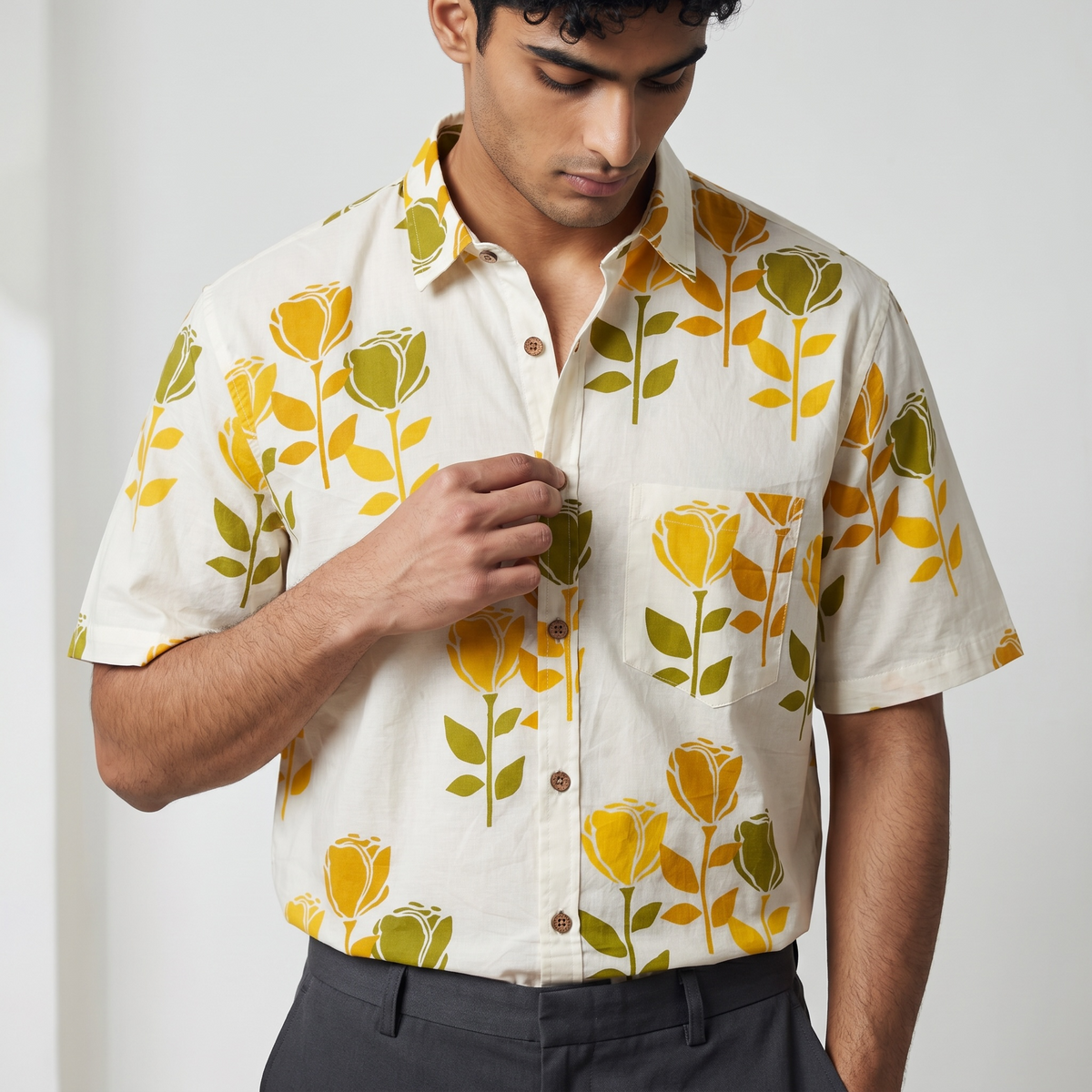 Green & Yellow Sanganeri Print Shirt