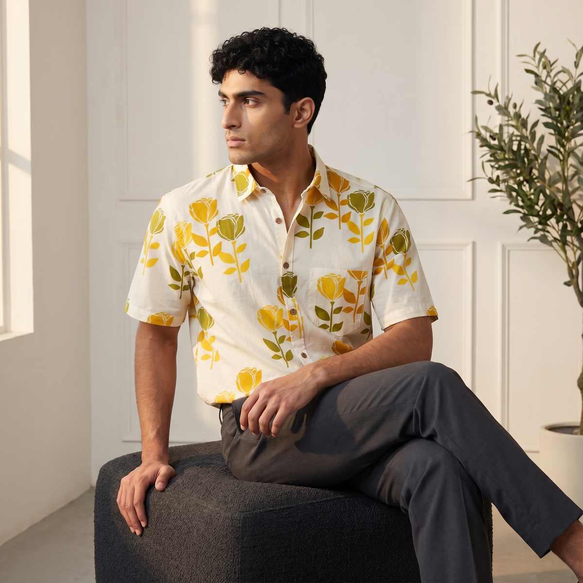 Green & Yellow Sanganeri Print Shirt
