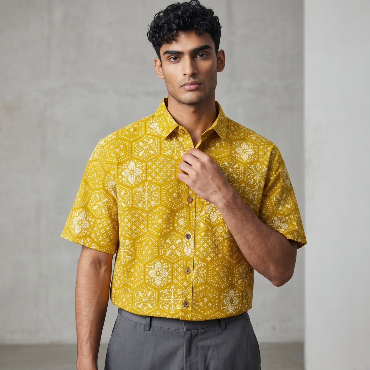 Mustard Floral Printed Cotton Shirt