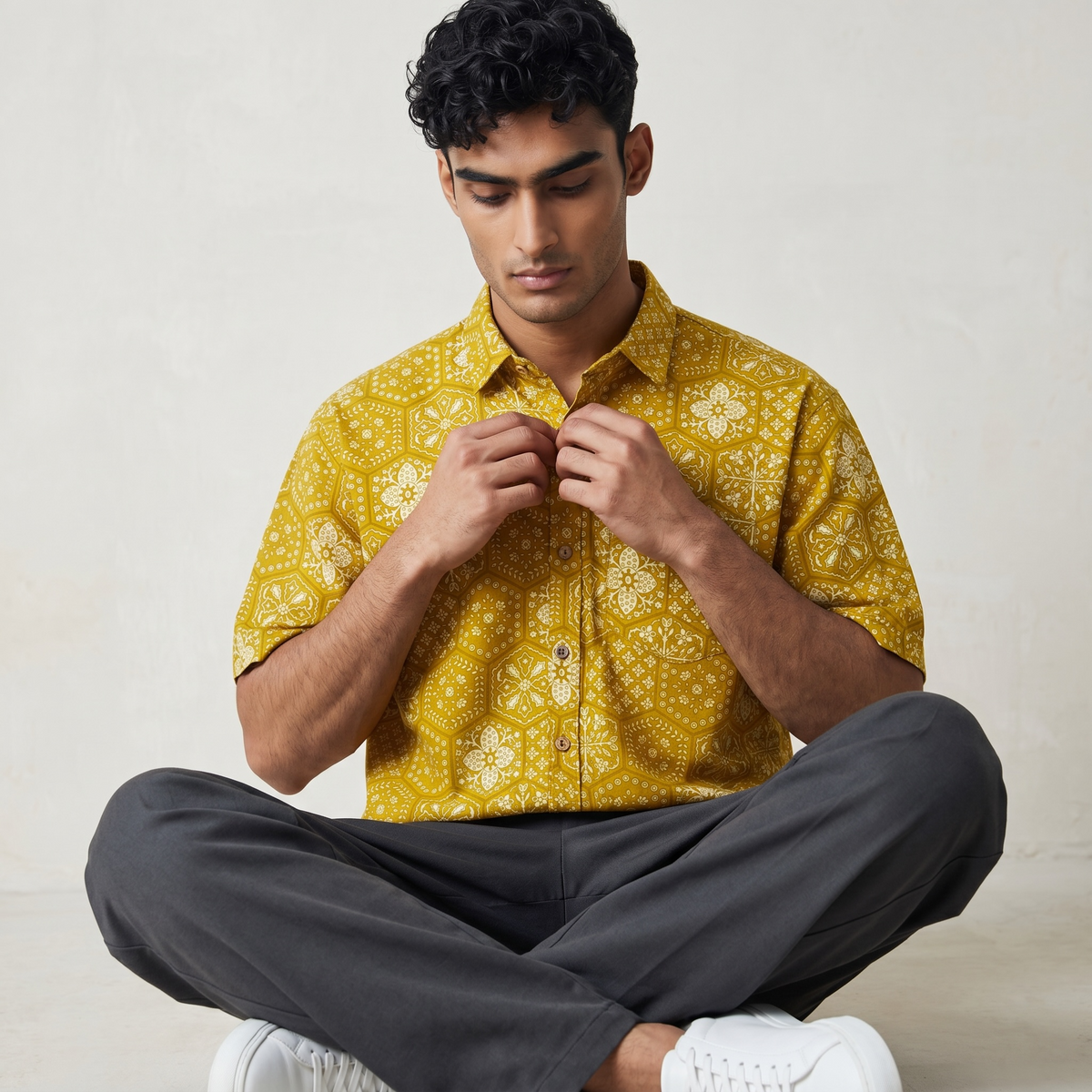 Mustard Floral Printed Cotton Shirt