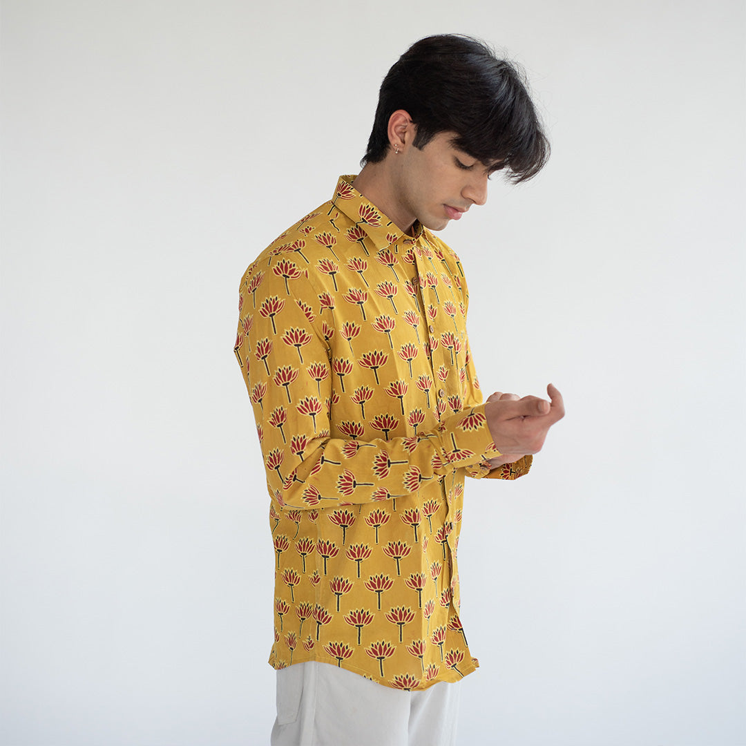 Indian Yellow Barmeri Hand Block Printed Cotton Shirt