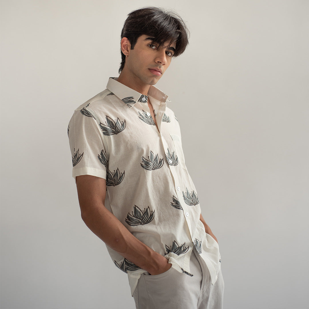 Cotton White Hand Block Printed Shirt