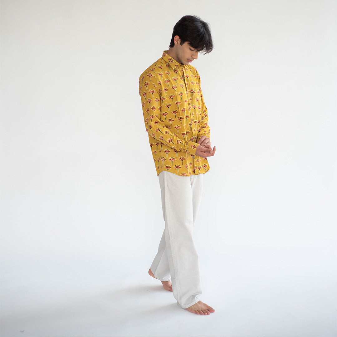 Indian Yellow Barmeri Hand Block Printed Cotton Shirt