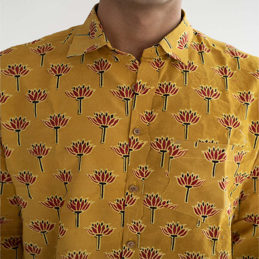 Indian Yellow Barmeri Hand Block Printed Cotton Shirt