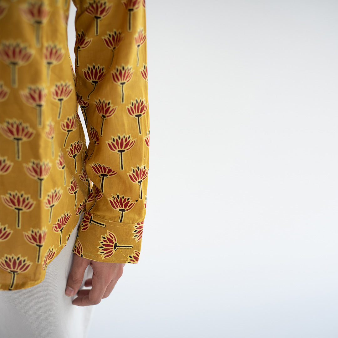 Indian Yellow Barmeri Hand Block Printed Cotton Shirt