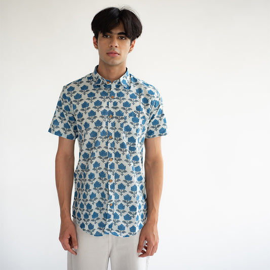 Silver Hand Block Printed Shirt