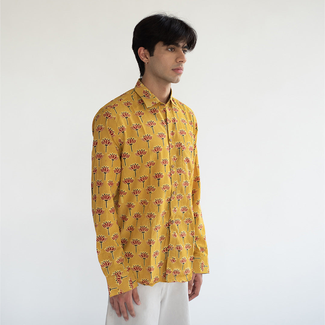 Indian Yellow Barmeri Hand Block Printed Cotton Shirt