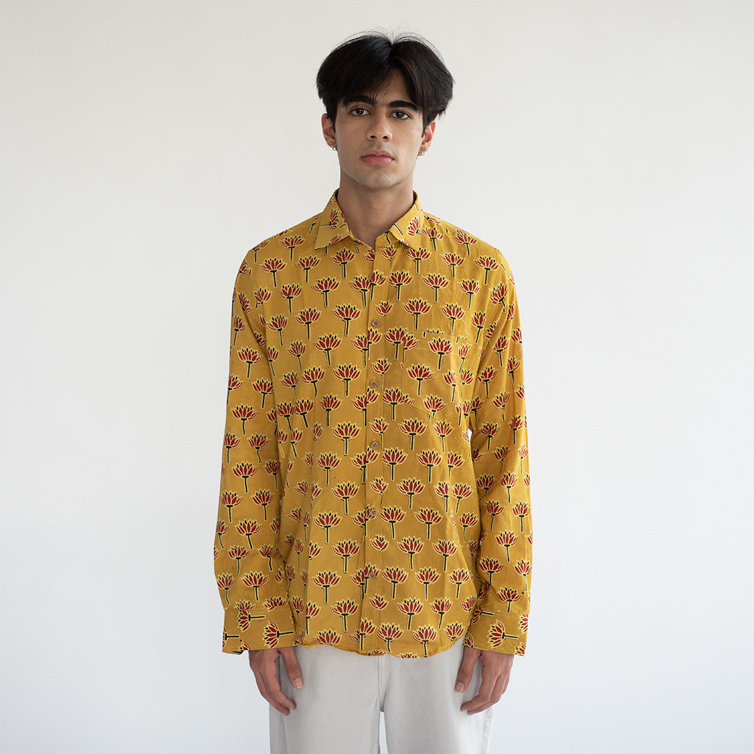 Indian Yellow Barmeri Hand Block Printed Cotton Shirt