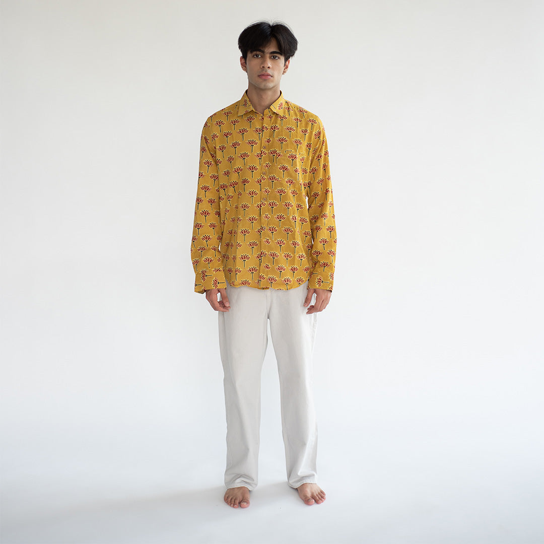 Indian Yellow Barmeri Hand Block Printed Cotton Shirt